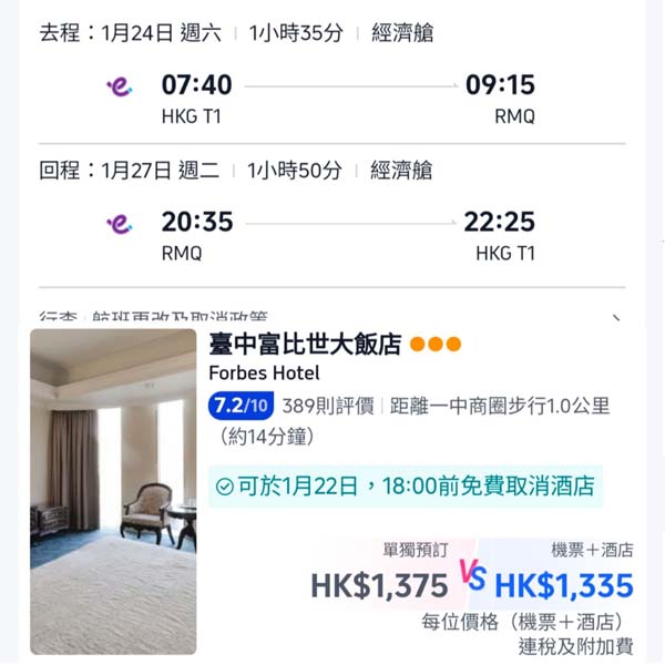 【台中】激抵!放空快閃遊!台中4日3夜套票,包來回機票+3晚住宿,每位連稅$1,335起!11月至2026年7月指定日子出發