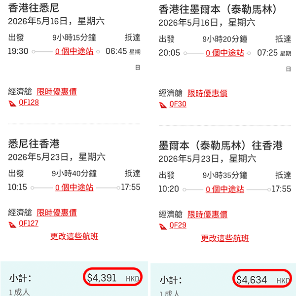 【澳洲】長減長有！直航澳洲兩大城市！澳洲航空來回悉尼/墨爾本連稅$4,391起！11月至2026年6月指定日子出發