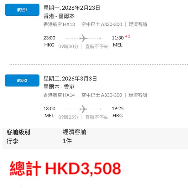 【墨爾本】直航繼續抵價!香港航空來回墨爾本連稅$3,508起!2026年2月至3月指定日子出發