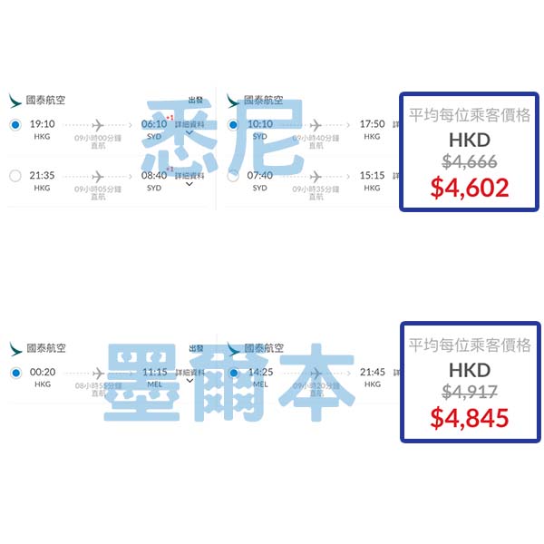 【澳洲】直航繼續有減！國泰航空來回悉尼/墨爾本連稅$4,602起，可以open jaw！2026年2月至6月指定日子出發
