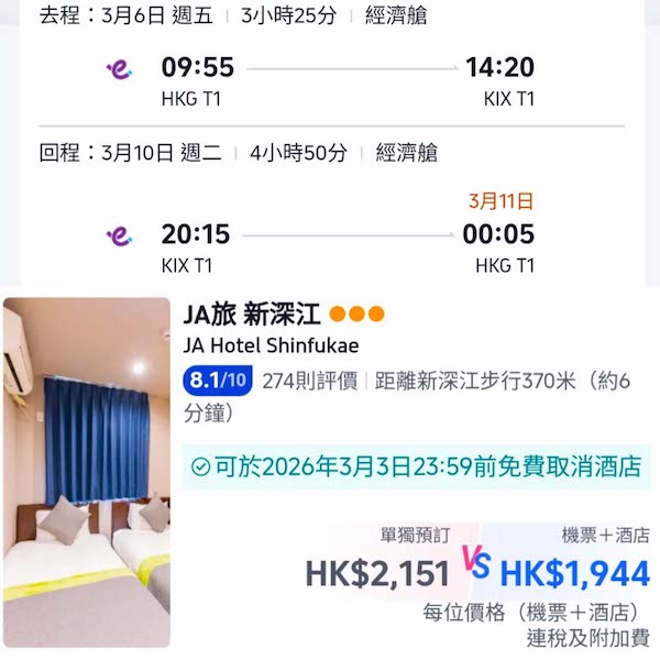 【大阪】勁抵・最平二千蚊有找・大阪5日4夜套票・包來回機票+4晚住宿・每位連稅$1,944起・2026年1月至6月出發