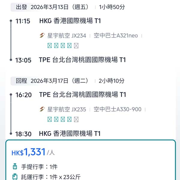 【台北】多出發日子選擇！加燃油附加費前入手！星宇航空來回台北連稅$1,331起！2026年1月至5月出發