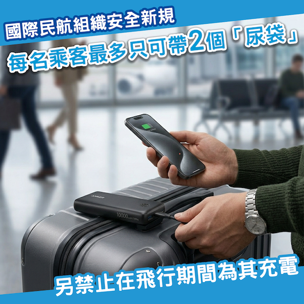 國際民航組織新規定！每名乘客最多限帶2個外置充電器（尿袋）