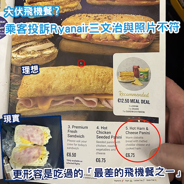 大伏飛機餐？乘客怒轟 Ryanair 三文治「難以下嚥」