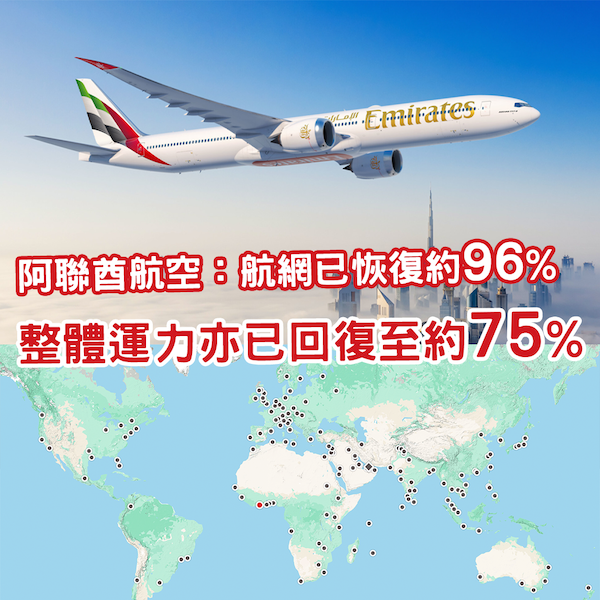 阿聯酋航空表示航網已恢復96% 全球營運接近全面復常