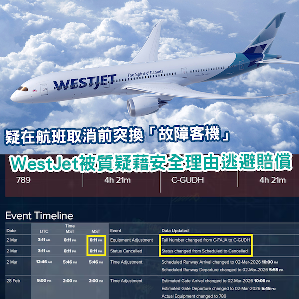 WestJet被質疑藉「改派故障客機」逃避賠償 加拿大監管部門介入調查