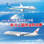 ANA全日空及JAL日航宣佈 將於7月起再次上調燃油附加費